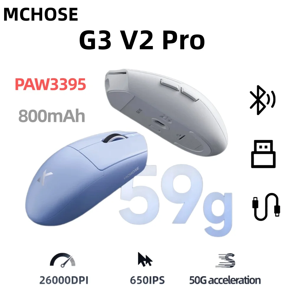 

Игровая мышь MCHOSE G3 V2 Pro с тремя режимами подключения, сенсором PAW3395, разрешением 26000 DPI, частотой опроса 59 Гц, ультралегкая (59 г), для офиса, аккумулятор 800 мАч