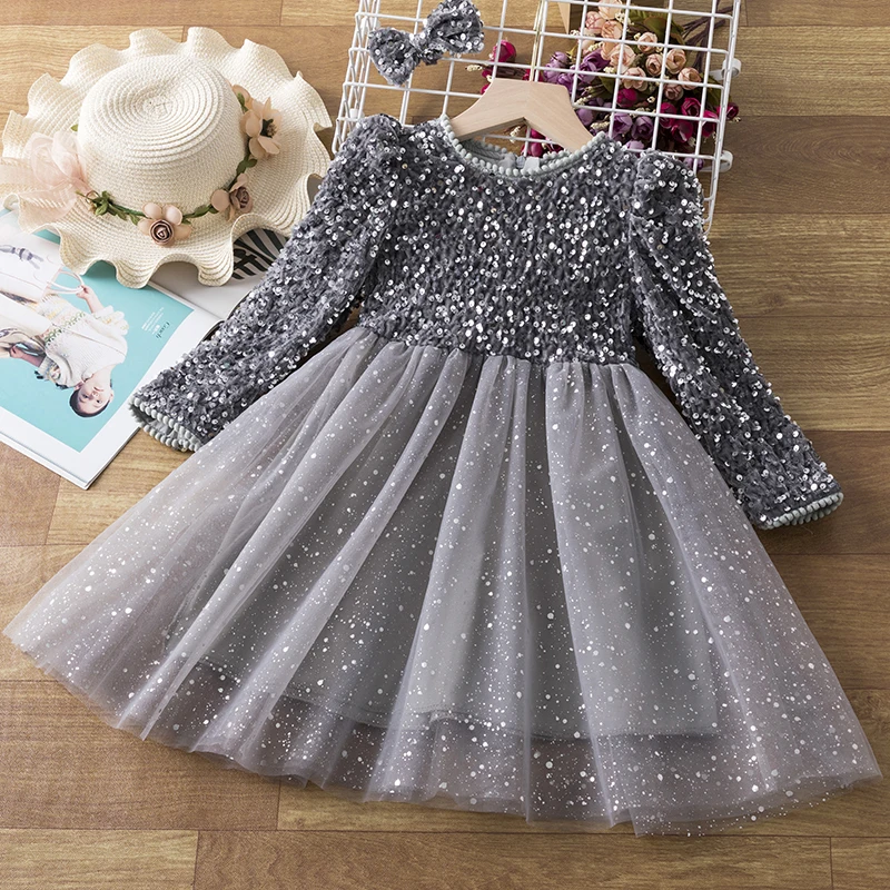 Sequin Girls Princess Party Dresses for 3-8 Yrs Kids Birthday Wedding Evening Prom Gown Spring Fall Long Sleeve Children\'s Dress