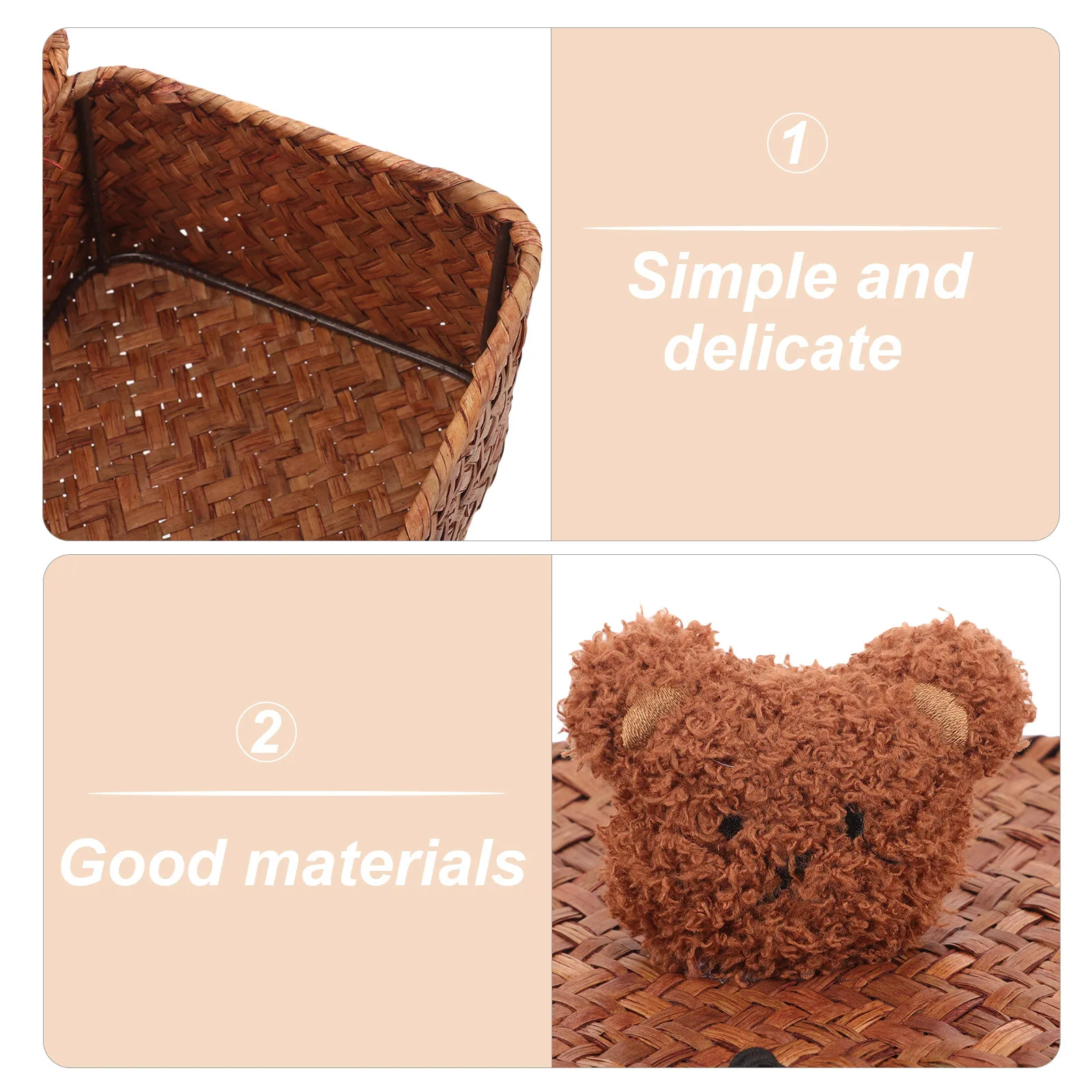 

Rectangle Woven Storage Box with Lid Bear Decor Desktop Organizer for Home Office Bedroom Kids Room Decorative Storage Bin