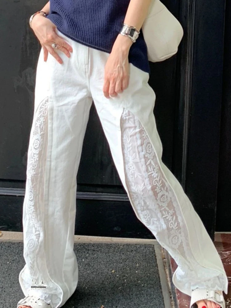 

Korean Y2k Wide Leg Pants for Women 2024 New Bottoms Patchwork Lace Sexy Summer Trousers Fashion Casual Straight Pantalon Femme