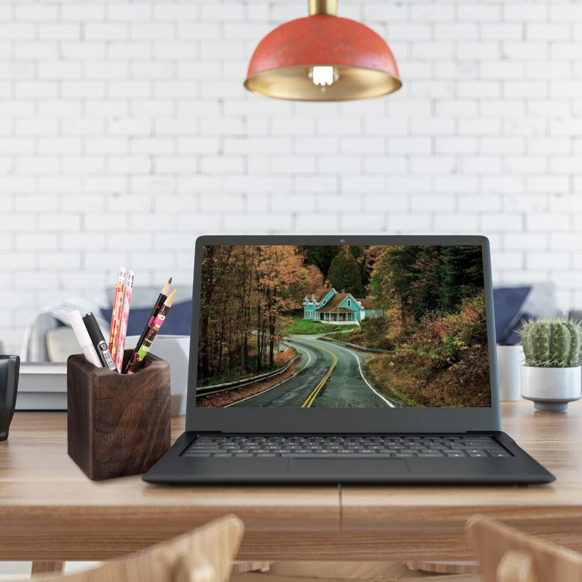 

Wooden Pen Holder Multi-Use Desk Organizer -Friendly Black Walnut Sturdy Lightweight Portable Storage Box For