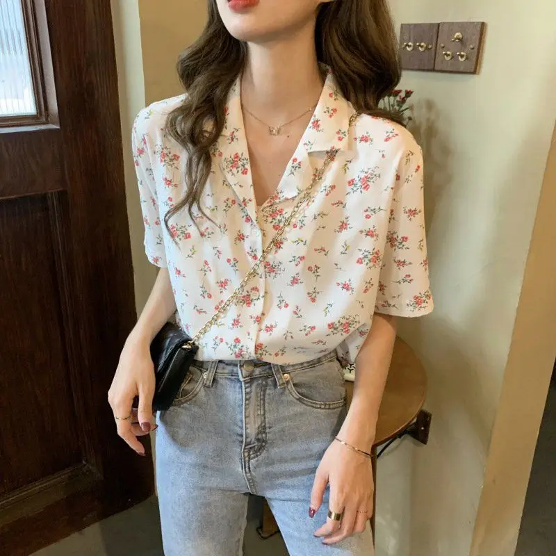 Summer Woman Clothes HongKong Retro Style Floral Printing Loose Fashion Thin Ins Chiffon Wild Youth Lively Bright Polo-neck Easy