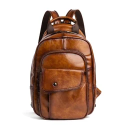 Men Backpack Cross body Shoulder Chest Bag Real Cowhide Retro Travel Designer Male Genuine Leather Knapsack School Rucksack