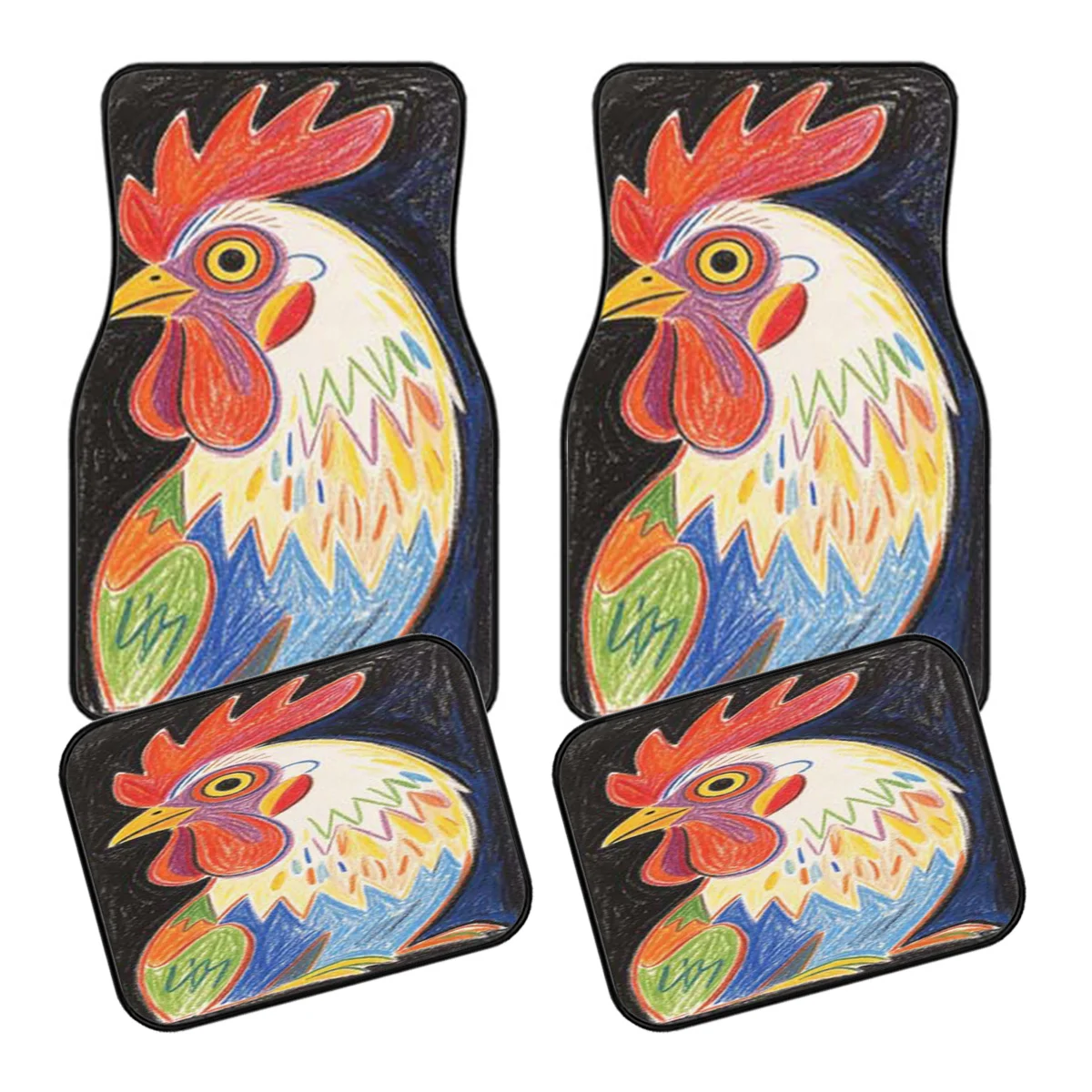 5pcs Car Floor Mat Set, Trunk Mat With Hand-painted Colorful Rooster Design, Made Of, All-weather Protection, Non-slip Backing,