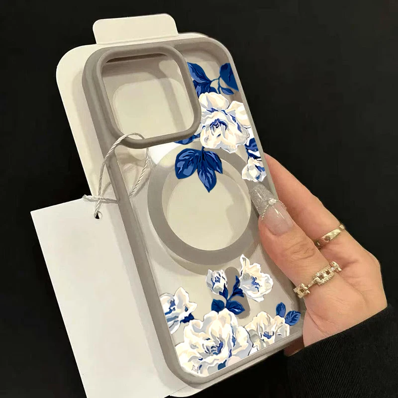 Funda magnética transparente con patrón de rosa blanca de noche para iPhone 17 16 15 14 13 12 Pro Max 15 16 Plus 17 Air 11 3