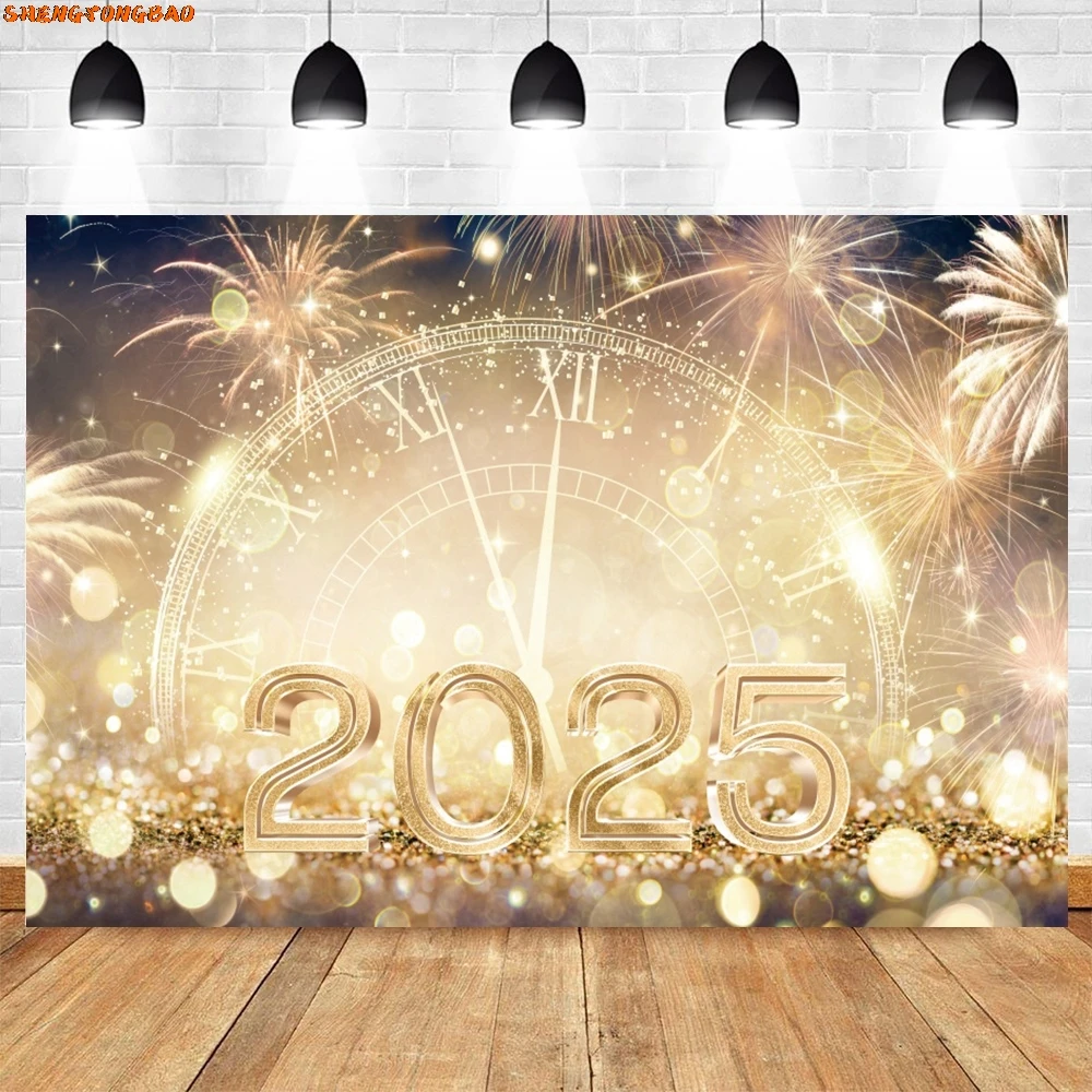 2025 Happy New Year Photography Backdrop Golden Glitter Fireworks Champagne Celebrate Party Family Portrait Photo Background