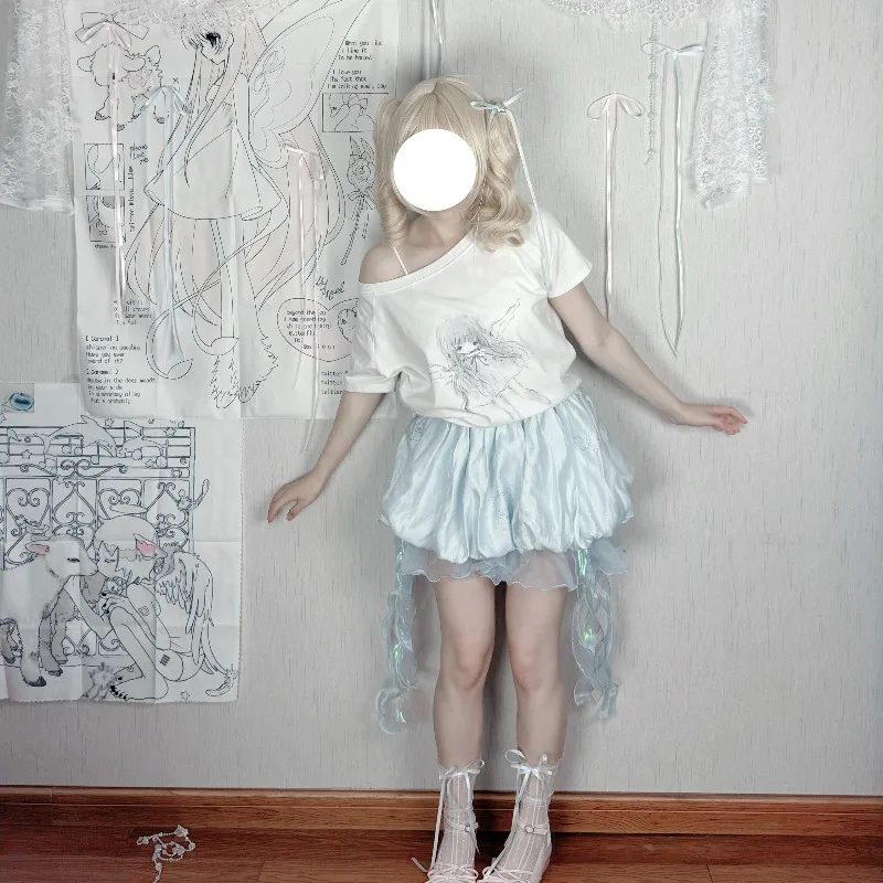 2025 صيف جديد اليابانية Rojita نمط الحلو لطيف قنديل البحر تنورة الشيفون التخسيس منخفضة الخصر منتفخ نصف التنانير الملابس النسائية