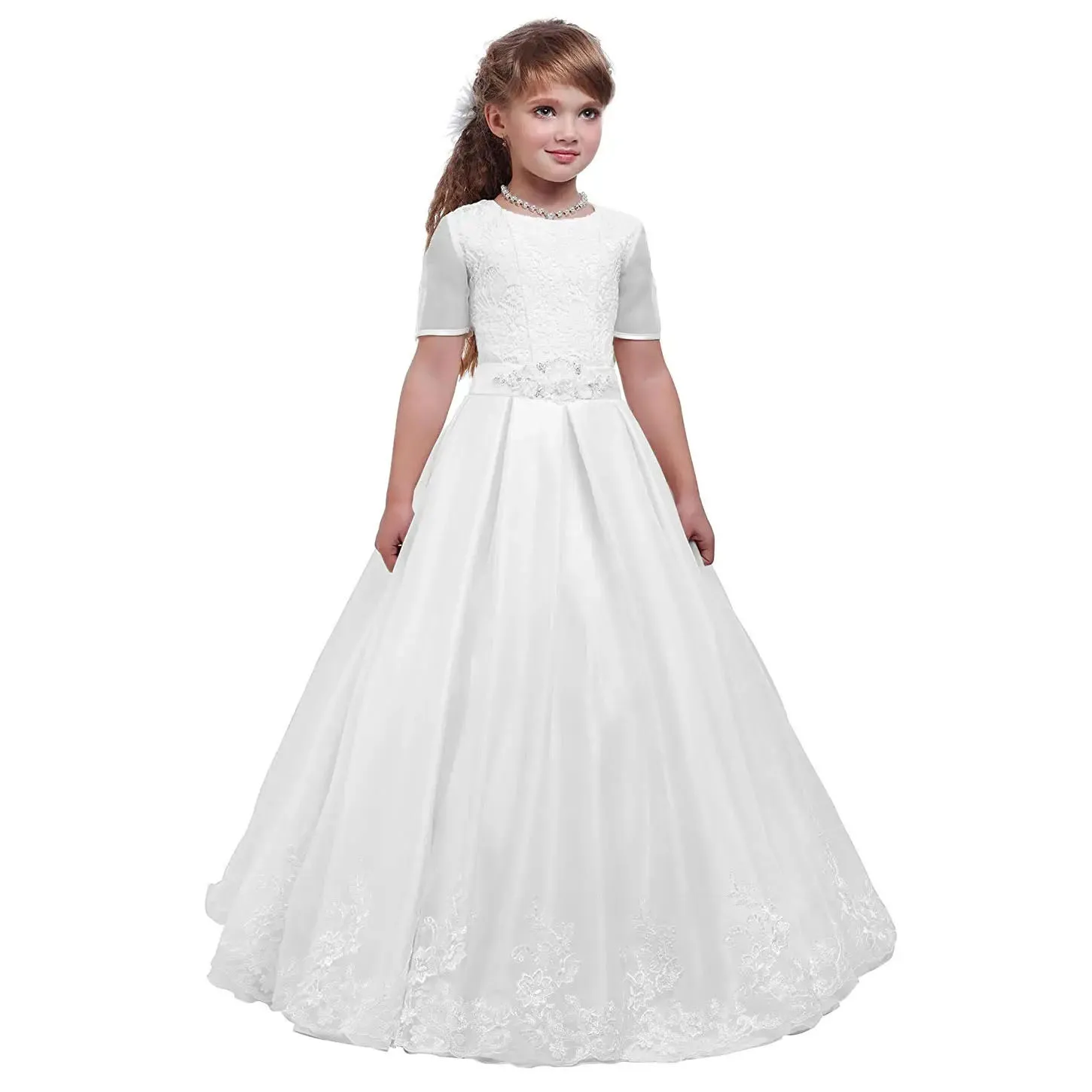 

Customized Satin Flower Girl Dresses For Wedding Appliques Short Sleeves Princess Holy First Communion Quinceanera Pageant Gown