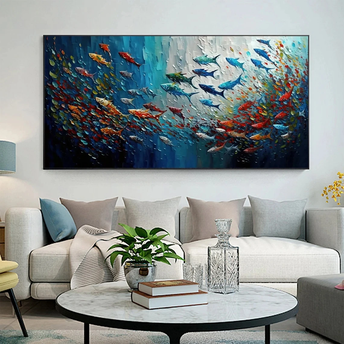 

Handpainted Fish School Oil Painting On Canvas, Custom Wall Art, Abstract Blue Sea Painting Picture, Living Room Home Decoration
