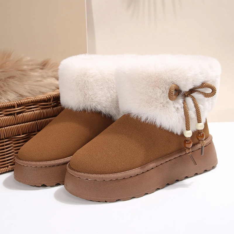 

Женские роскошные зимние ботинки с круглым носком и толстой подошвой с меховым бантом, модные повседневные зимние плюшевые утепленные короткие ботинки с бисером, большие размеры 43