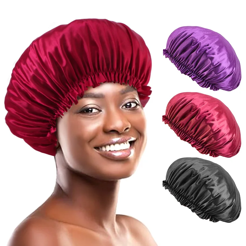 

Shower Cap women Silk Satin Nightcap Single-Layer Sleeping Cap Hair Care Bonnet Hat Head Cover Elastic Band Bathroom Accessories