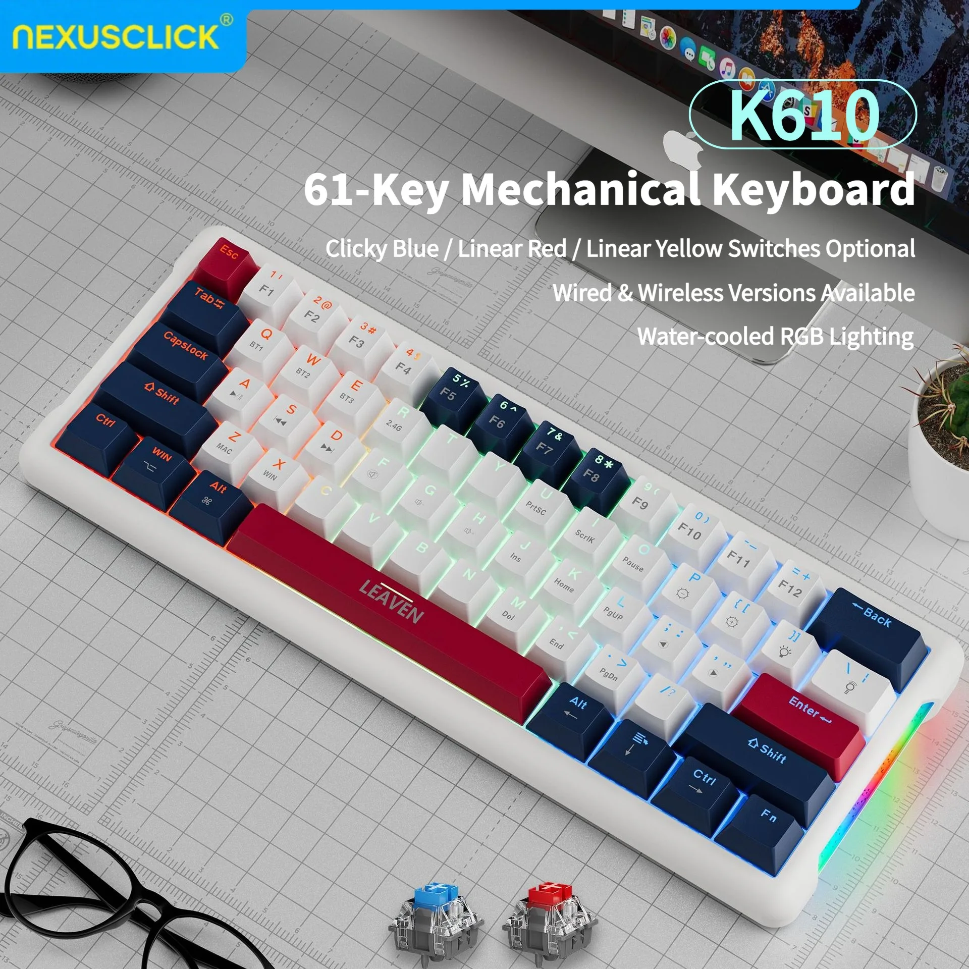 NexusClick 61 Keys Esports Gaming Mechanical Keyboard,Red Switch Hot Swappable,RGB Backlight Stylish Portable Keyboard for Gamer