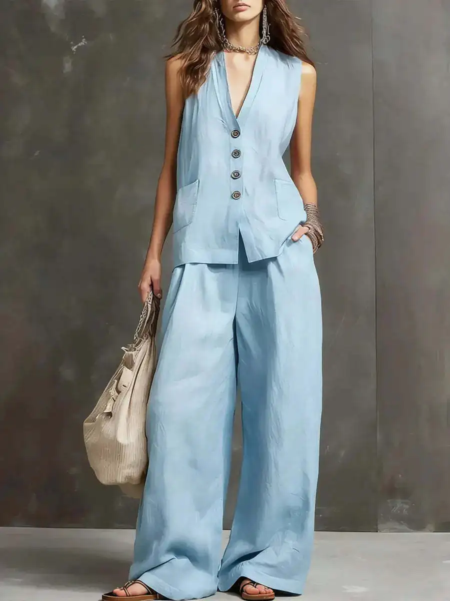 

office ladies sleeveless vest and pants two piece sets fashion wide leg pants outfits summer solid casual 2 piece sets