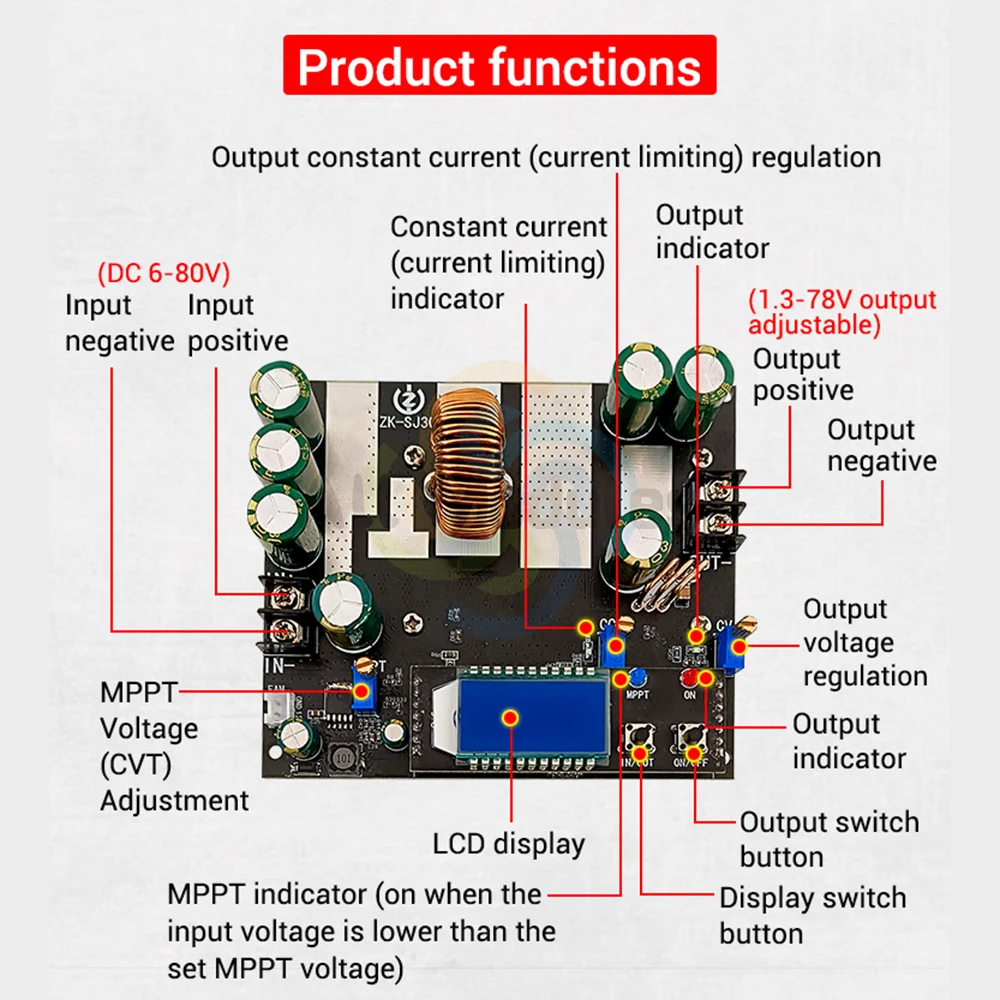 ZK-SJ20 300W Buck Converter CC CV Power Supply Module DC 7-80V to 1.4-79V 20A Adjustable Voltage Regulator Voltmeter Step-Down