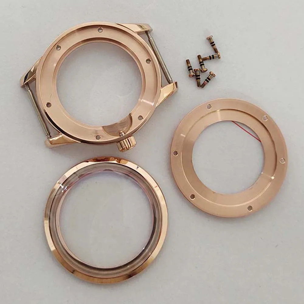 39MM Stainless Steel Transparent Bottom Case NH35, Rose Gold Mineral Glass Watch Case, for NH35/NH36/4R/7S Movement, Watch Shell