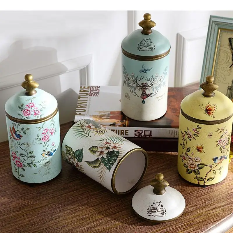 Chinese Ceramics Candy Jars with Cover Storage Jar Sugar Bowl Antique Pattern Jewelry Container Organizer Rustic Home Decor