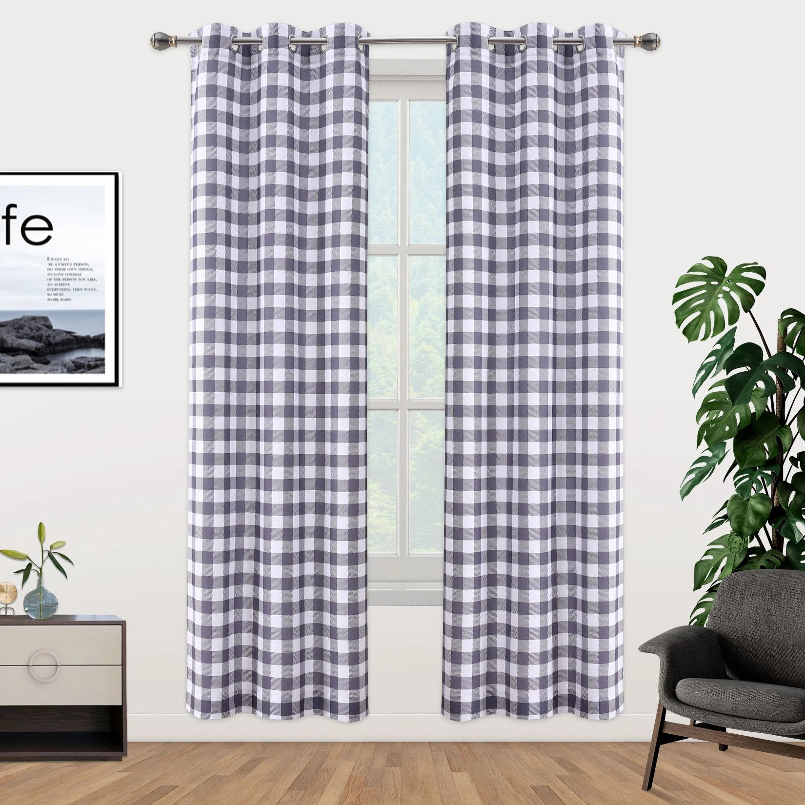 

2 PCS Buffalo Plaid Curtains,Grey and White Rustic Gingham Textured Grommet Window Curtain,Check Curtain Plaid Decor W37x L84 in