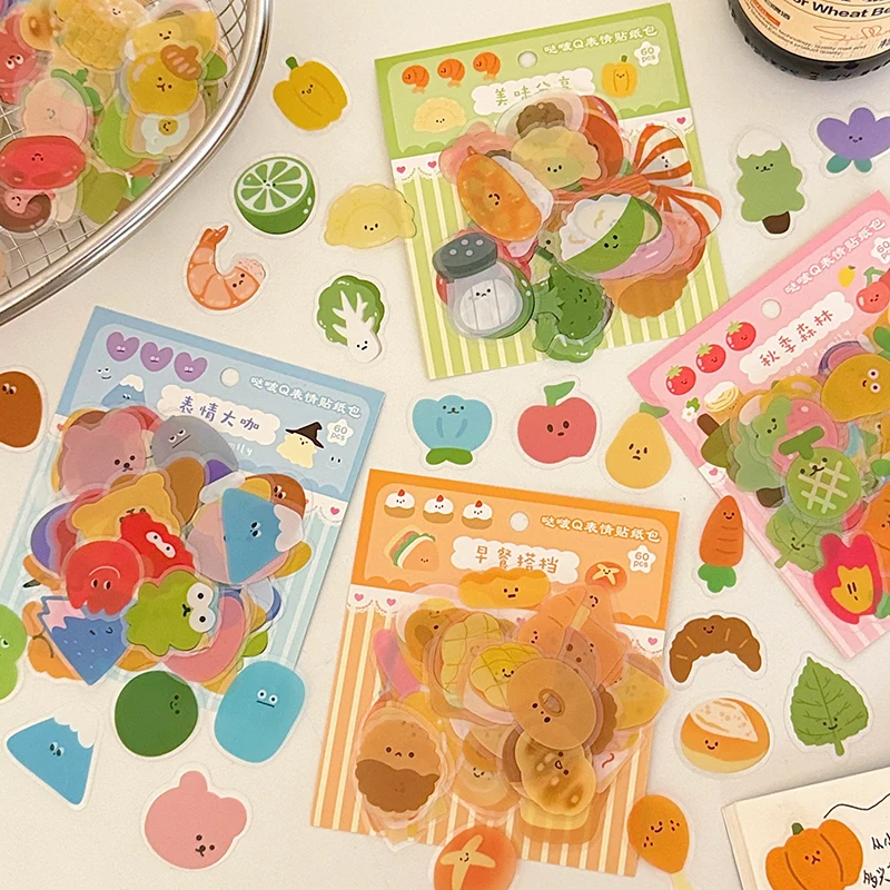 60Pcs Cute Cartoon Stickers Transparent PVC Waterproof Sticker Laptop Scrapbooking Stationery DIY Decoration Decals