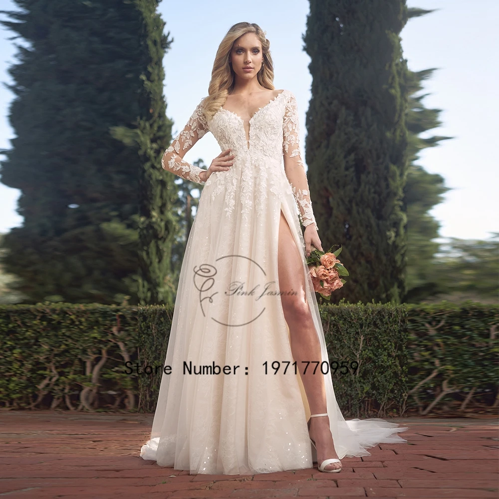 

2024 Light Champagne Long Sleeves Wedding Dress For Woman A-Line Modern Backless Bride Gown Side Split Tulle vestido de noiva