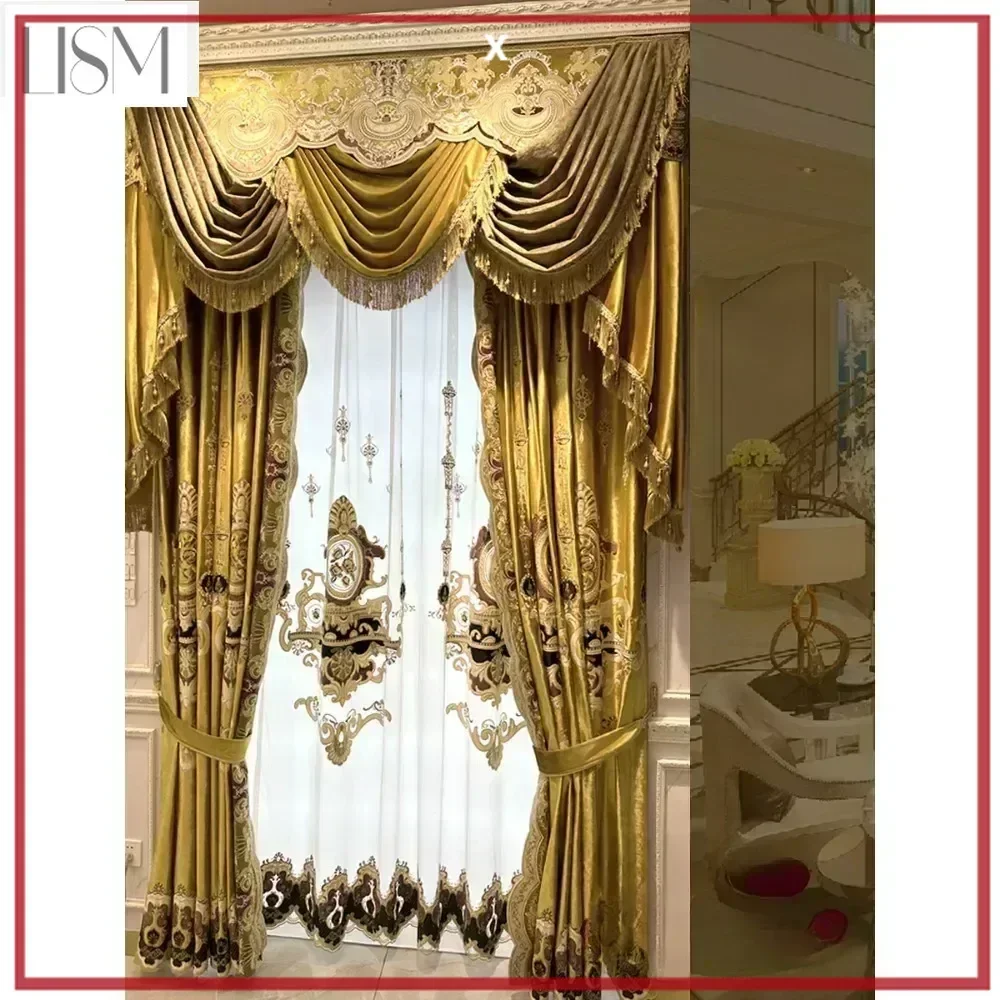 European Luxury American Palace Retro Ice Velvet Golden Curtains For Living Room Bedroom Dining Blackout Window Embroidered