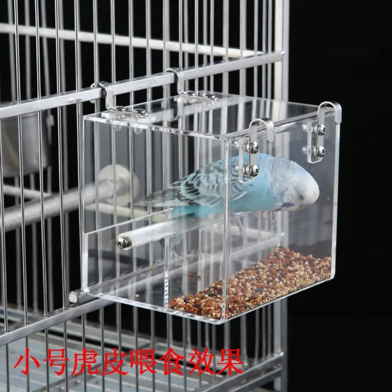 

Parakeet Feeder with Perch Automatic Dispenser No Mess Clear Acrylic Box