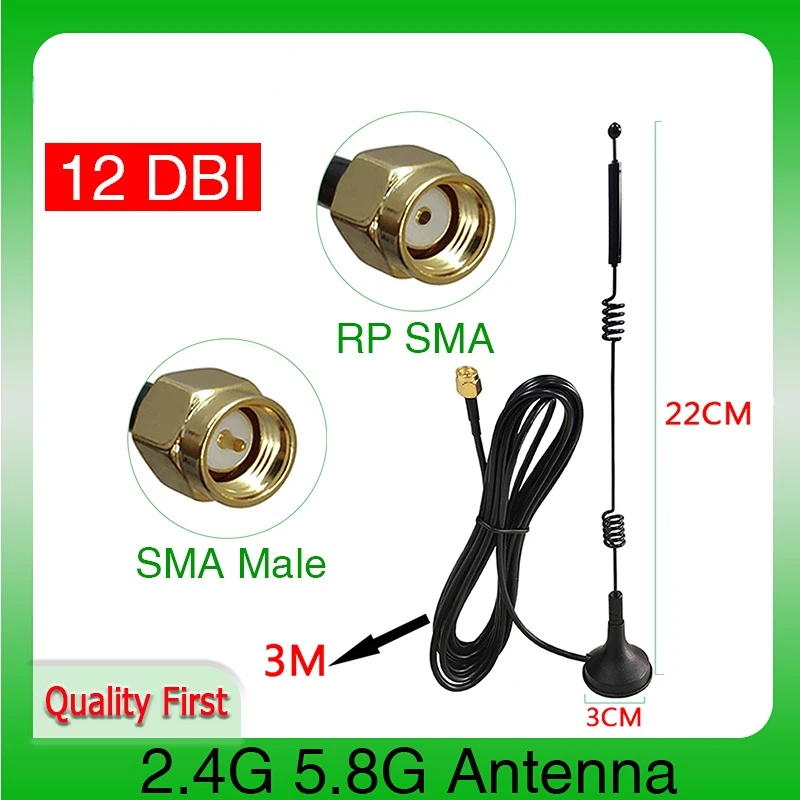 

1 2PCS 2.4G 5.8G Antenna Dual Band WiFi Router antene SMA male magnetic base Sucker antena 12dbi High-Gain signal GR174 3M Cable