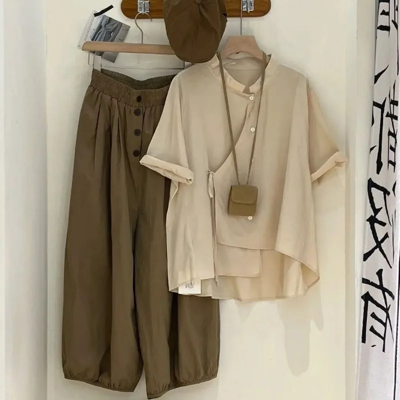 

Новый летний комплект из 2 предметов для женщин, элитные легкие и знакомые стильные рубашки Минъюань и повседневные брюки, комплекты брюк в стиле ретро, женские комплекты