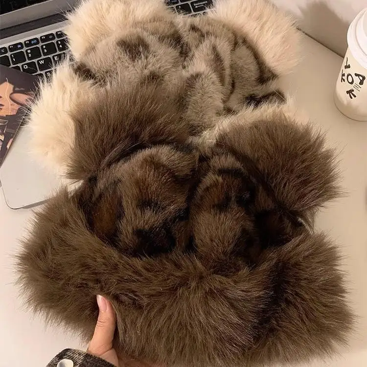 

Fluffy Fur Winter Hat Ear Protection Russian Hat Bear Ears Plush Thick Warm Bucket Hat Outdoor Snow Ski Cap Soft Warm Panama Cap
