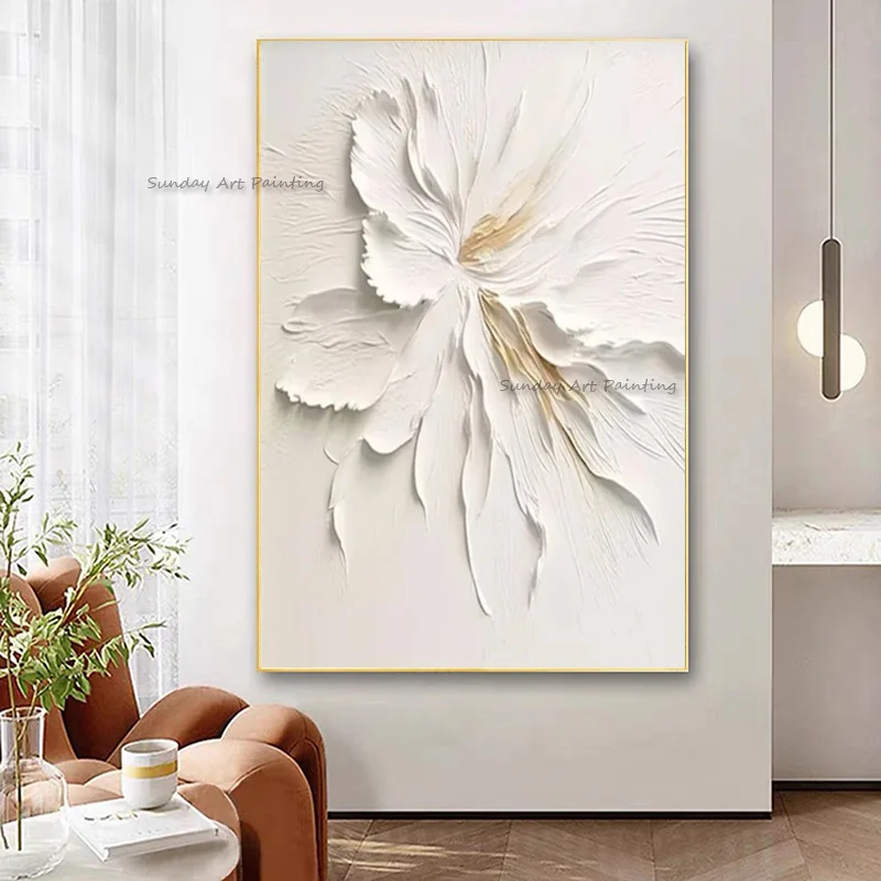 Set Of Two Abstract Pure White Knife Thick Florals Canvas Oil Painting Large Simple Flowers Wall Art New Design Artwork Decor