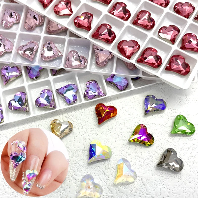 10pcs Nail Art Crooked Heart Diamond Crystal Bridal Nails Charms Multi-color Jewelry Light Luxury Shiny Decoration Accessories