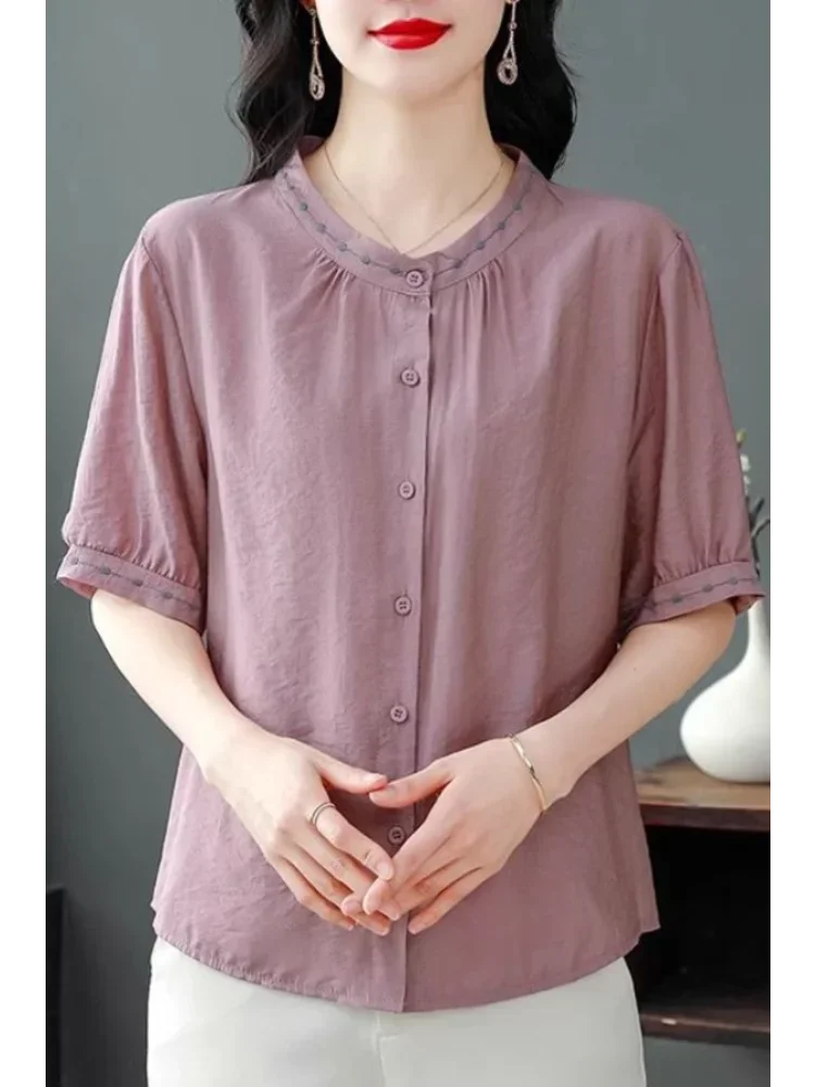 Embroidered Blouse Women Short Sleeve Summer Loose Slimming Top