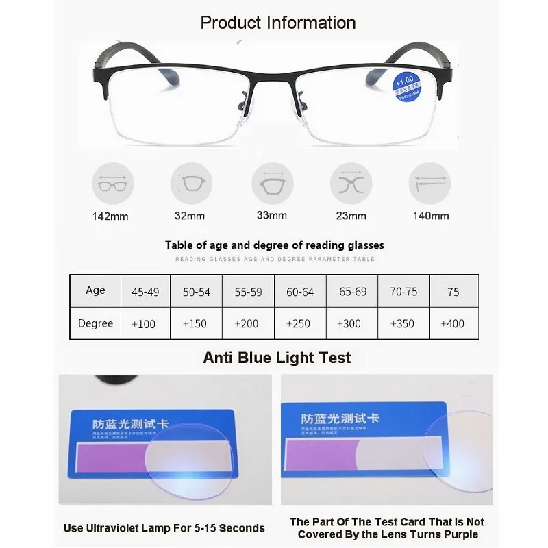 Business Anti Blue Light Reading Glasses Half Frame Elderly Presbyopic Glasses Computer Prescription Eyewear +1.0~+4.0