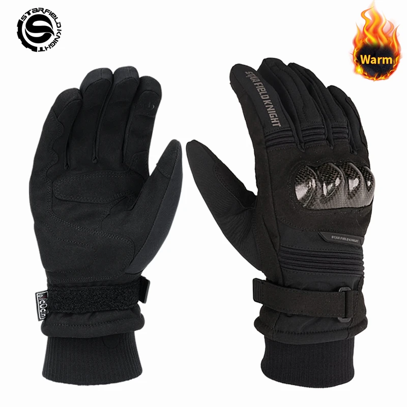 SFK Black Motorcycle Riding Gloves Full Finger Winter Warm Waterproof Liner Carbon Fiber Protection Non-slip Wear-resistant