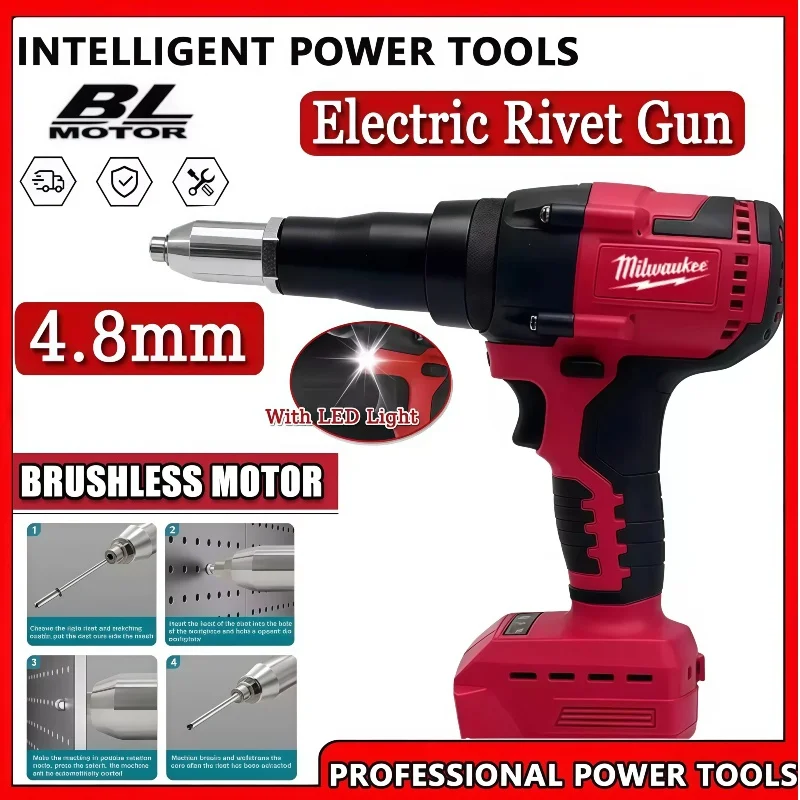 Milwaukee 4.8MM Cordless Electric Riveter Gun Brushless Rivet Riveting Tool With LED Light 18V Battery