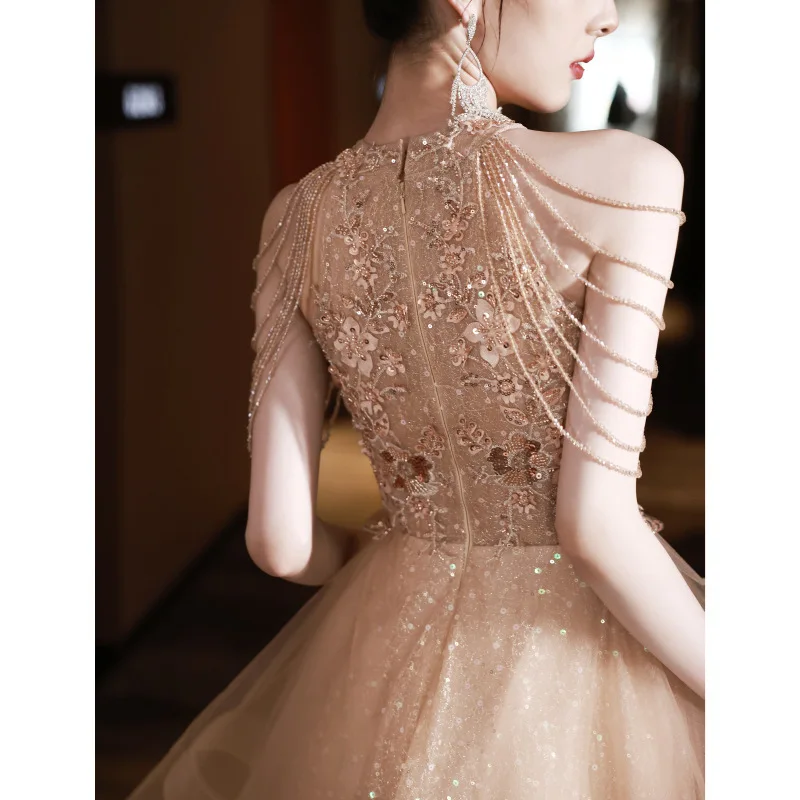 Vestido de noche dorado con cuello redondo para mujer, vestidos de noche elegantes para banquete de boda, vestido Formal de fiesta, vestidos de graduación, vestido de lujo