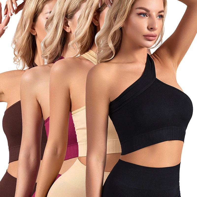 Oblique Shoulder Women Bra Seamless Sports Underwear Without Pad Slim Ribbed Crop Top Simple Elastic Fitness Vest Casual