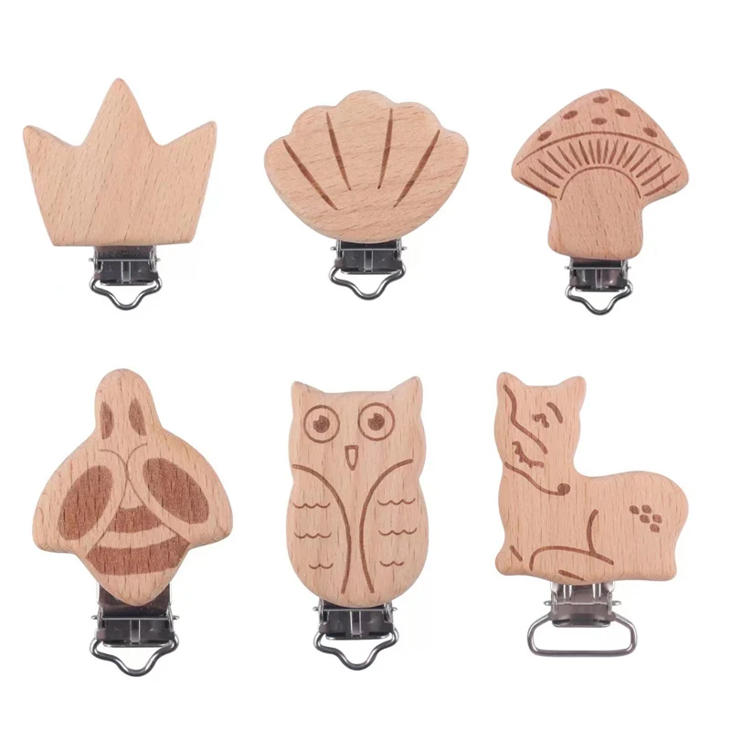 5pcs Wooden Fox Sika deer Crown Pacifier Clip Nursing Accessories Beech DIY Bracelet Jewelry Making Handmade Accessories