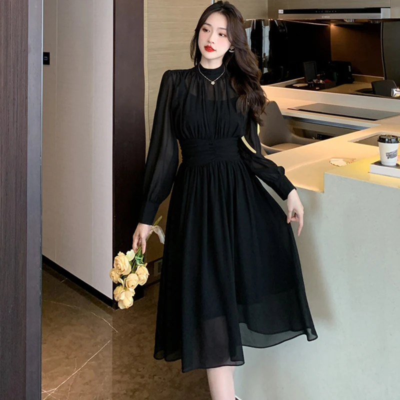 Women Korean Vintage Hepburn Dress 2026 Black Chiffon Long Sleeve Midi  Dress Spring Summer Elegant Luxury Party Evening Dresses - AliExpress