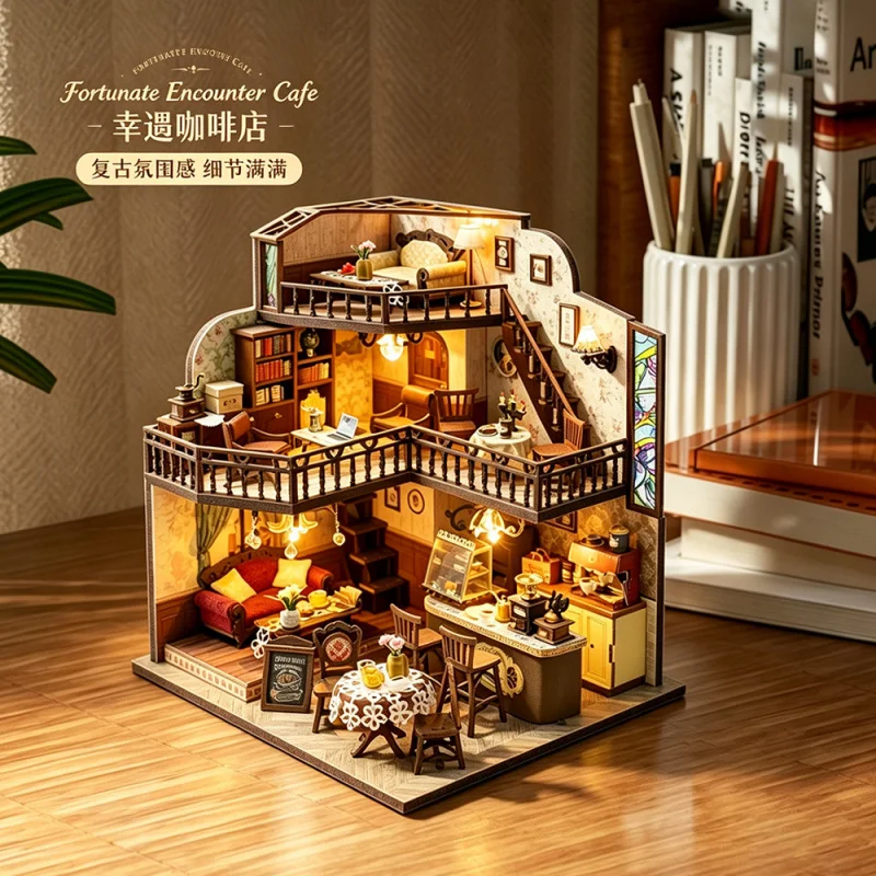 

Wooden DIY Dollhouse Miniature 3D Puzzle Assembly Model House with Detailed Scenery for Home Decor Office Desk Ornament