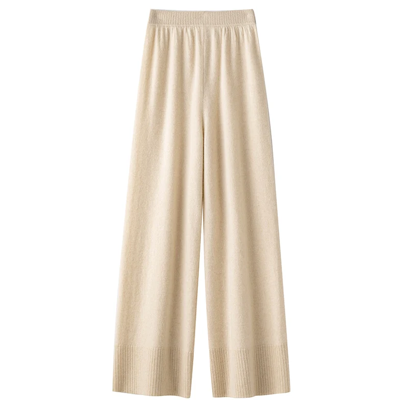 Women's Autumn Winter 100% Merino Wool Knitted Long Pants Ribbed Wide Leg Casual Wool Yarn Trousers