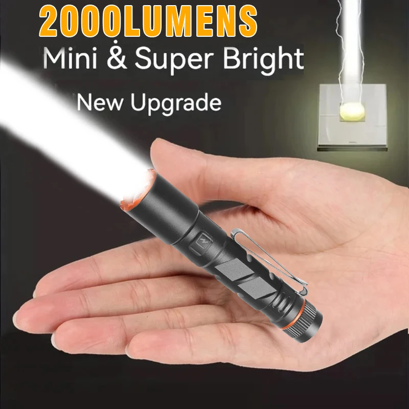 2000LM Powerful Mini LED Flashlight  Zoom Torch With Pen Clip Light USB Rechargeable Magnet Work Light Outdoor Camping Fishing