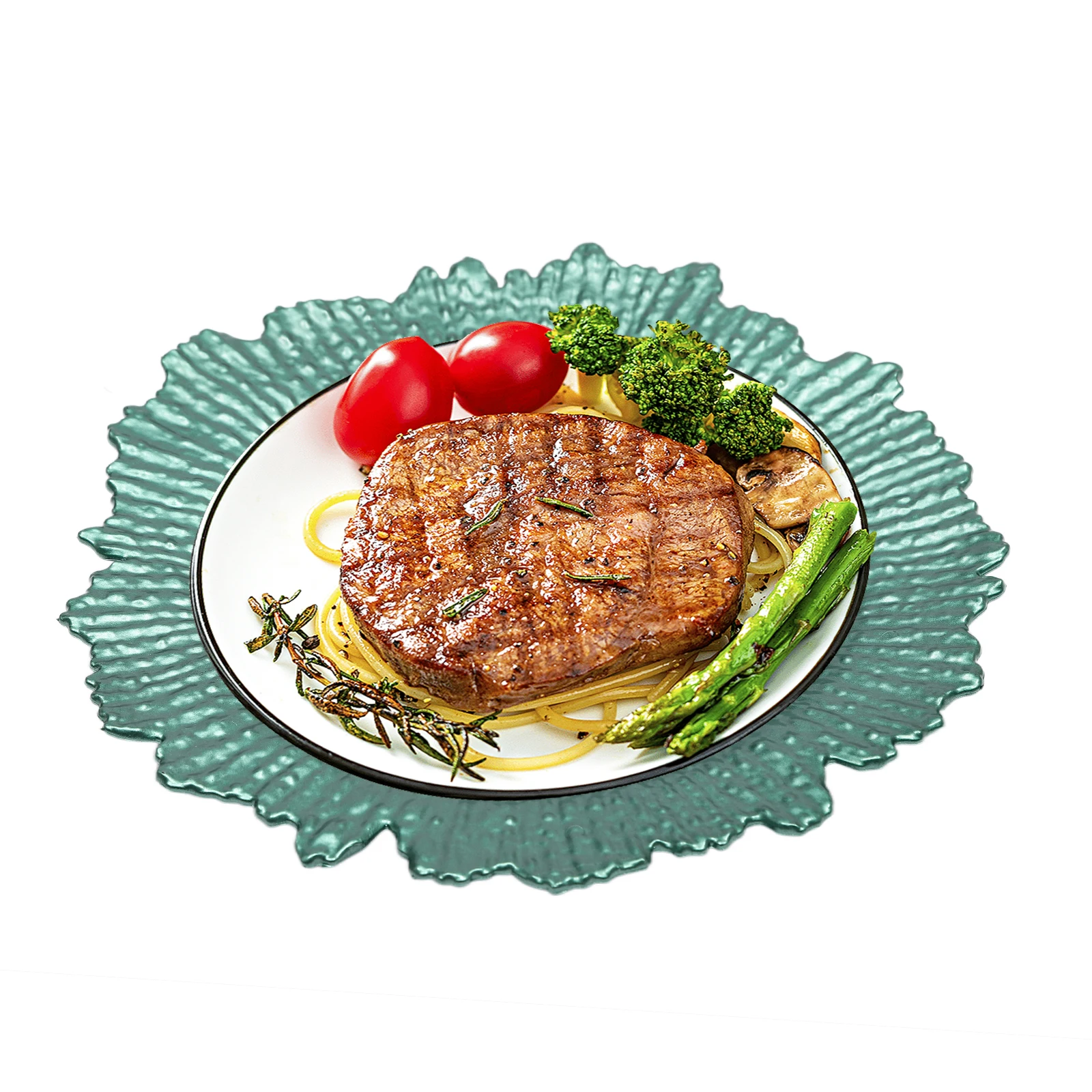 24Pcs 12.6inch Plastic Reef Charger Plates Green Electroplated Surface Coral Reef Pattern Hard Anti-drop Plastic 8in Stable Base Green Electroplated Round Dinner Underplates Stackable Wedding Banquet Base Plates For Wedding Banquet Holiday Party