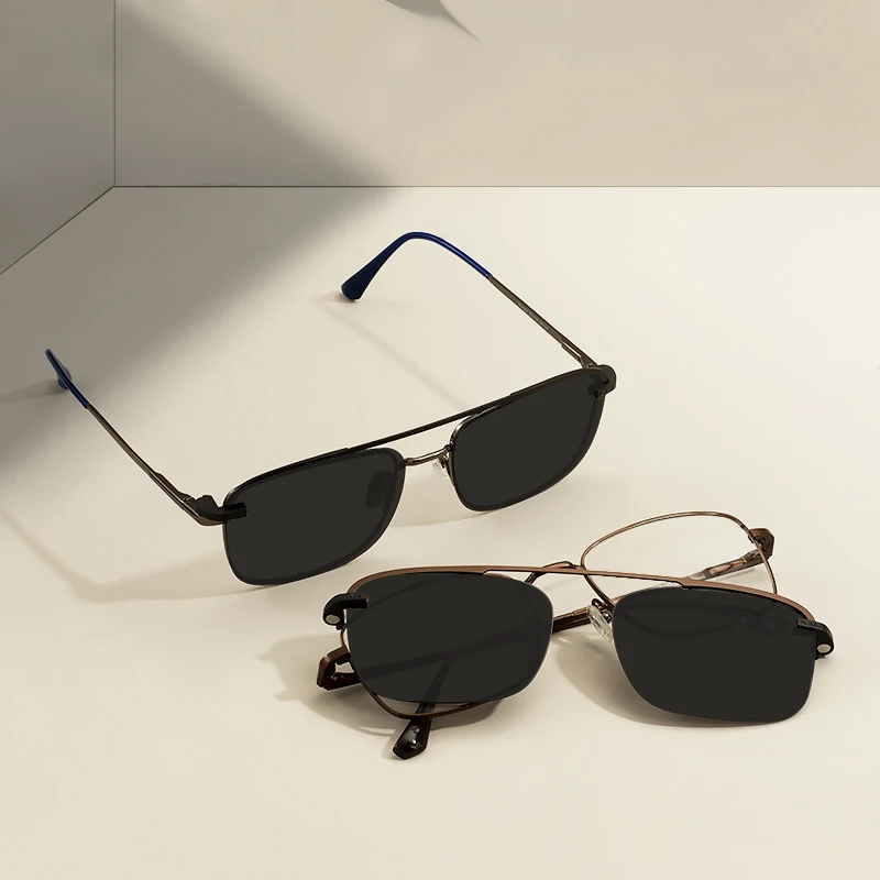 Men Metal Rectangle Glasses Frame Spring Hinge Temple With Black Magnetic Polarized Clip On Sunglasses For Prescription Lenses