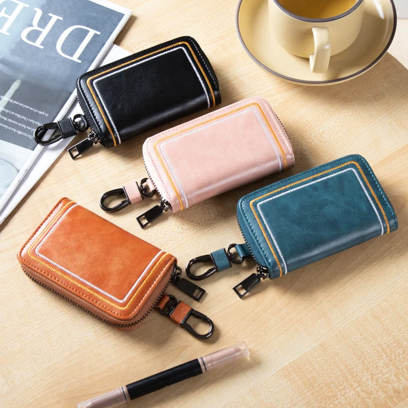 Genuine Leather Men Car Key Case Retro Key Organizer Short Zipper Car Key Holder Mini Pouch Housekeeper Wallet