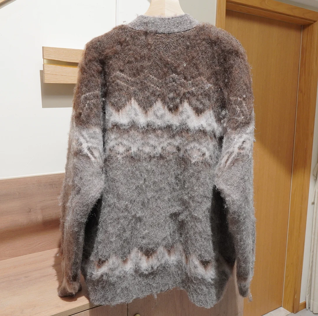 Women's Thick Knit Jacquard Cardigan Coat - V-Neck Loose Fit