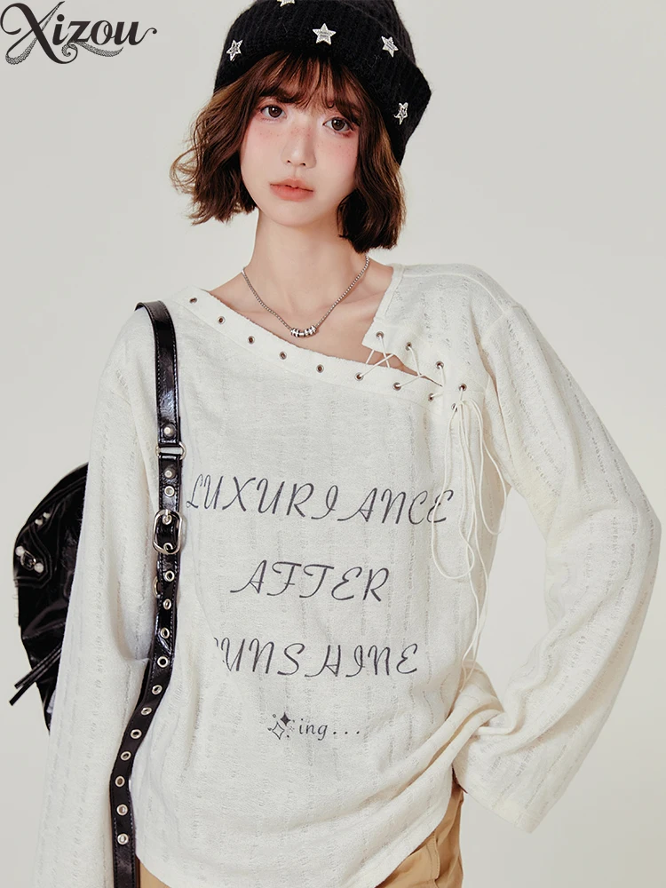 2025 Women Autumn Summer Tops American Retro Korean Commuter Hollow Knitted Furry Sweater Long Sleeve Tie-Up Letter Print Loose