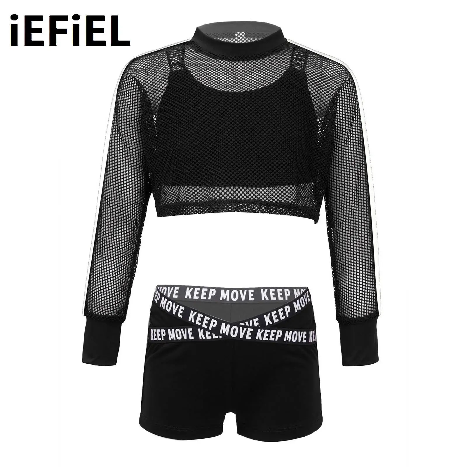 

Summer Sport Suit for Kids Girls Straps Crop Vest with Hollow Out Breathable Net Cover Up Tops And Shorts Set for Dance Gym Yoga