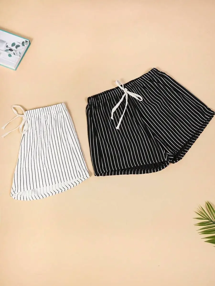 

2-Pack Women’s Striped Ribbed Ice Silk Lounge Shorts For Spring And Summer