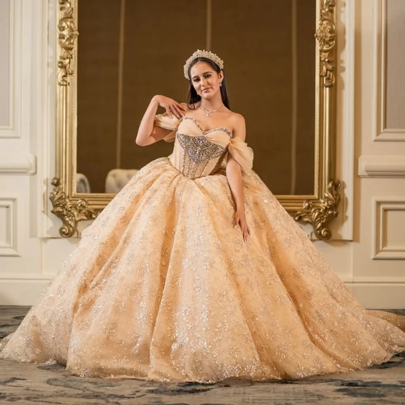 

Customized Shiny champagne color Quinceanera Dresses Off the Shoulder sequin applique Long tail Vestido 15 Quinceanera
