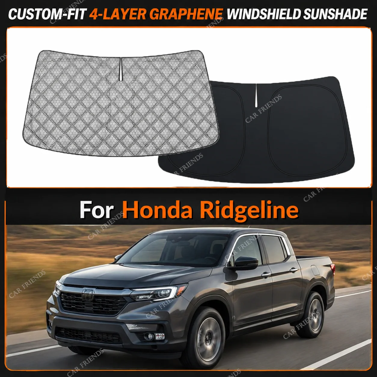 For Honda Ridgeline Custom-Fit 4-Layer Graphene Windshield Sunshade Reflective Gray-Silver Surface Helps Reduce Direct Sunlight